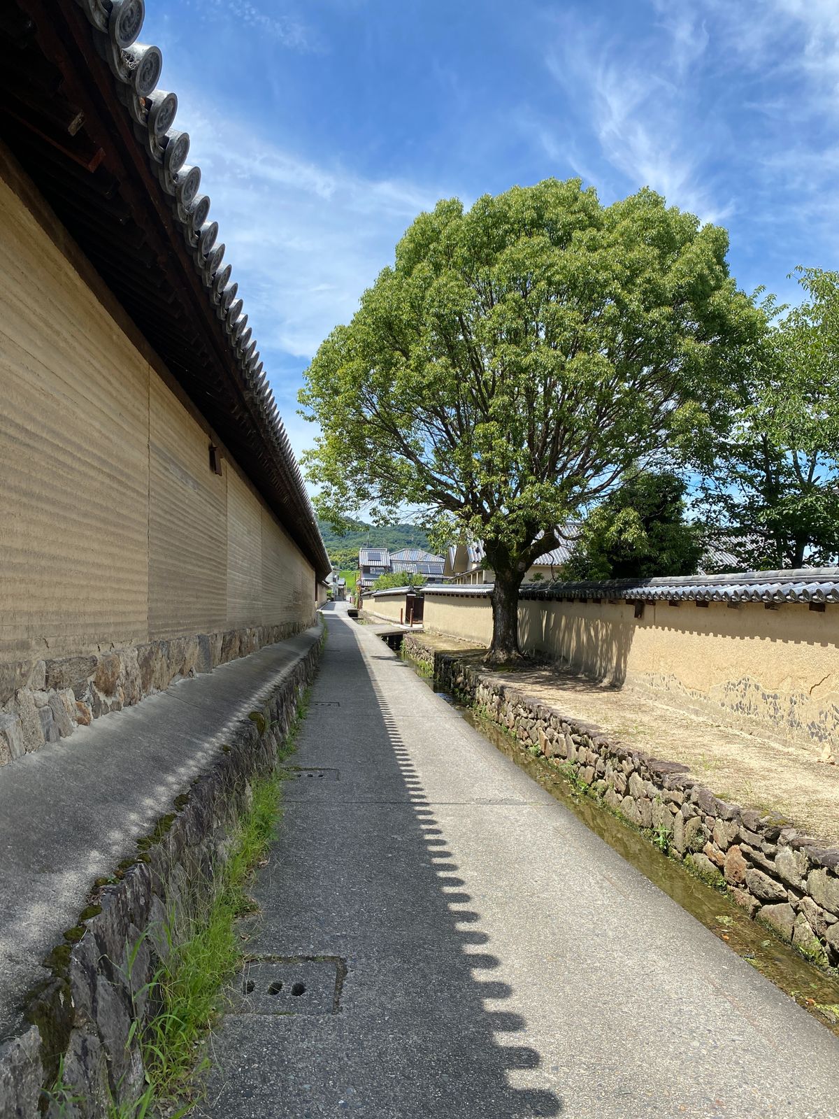 A long earthen-walled lane with a water channel in Hagi's preserved castle-town quarter