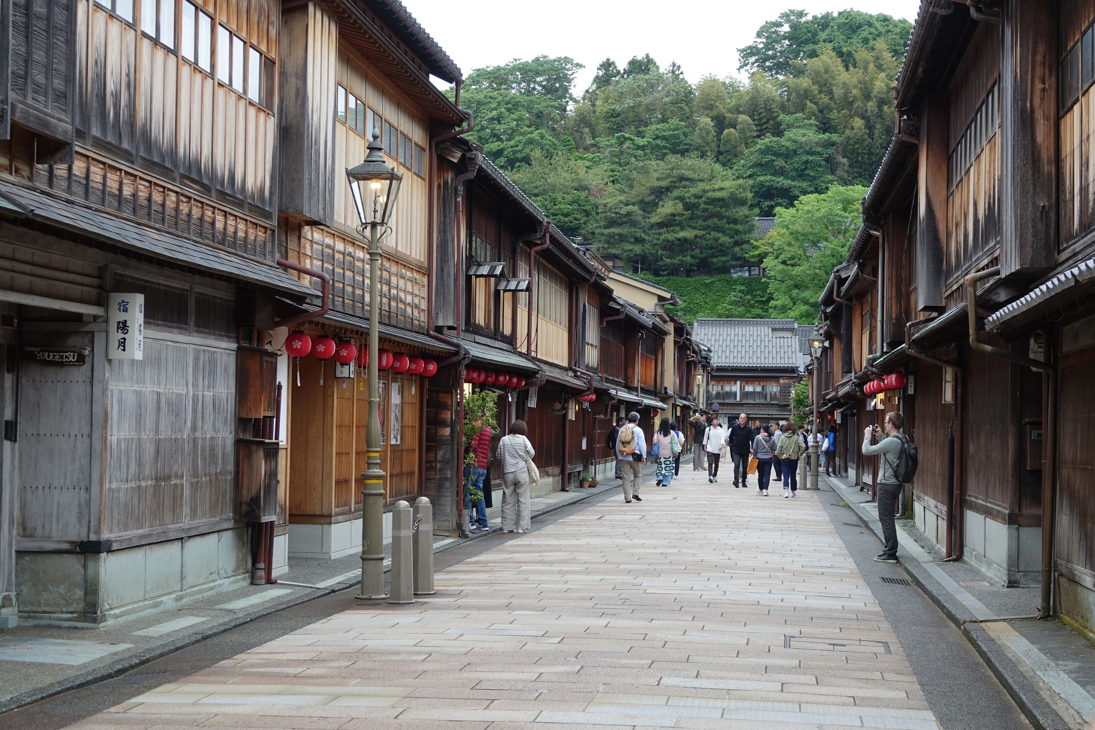 Wooden latticed teahouse fronts in the Higashi Chaya district, Kanazawa