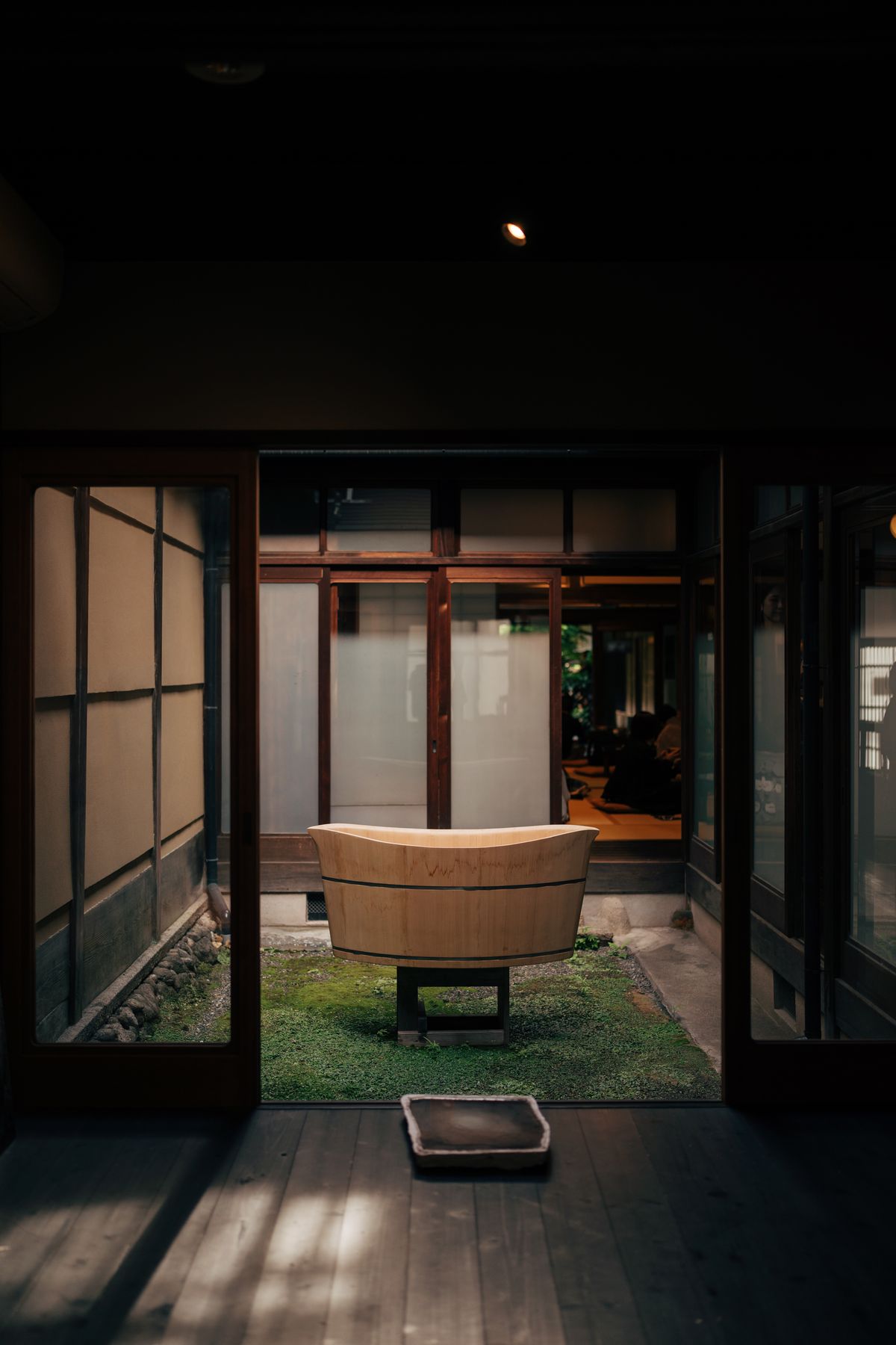 A hinoki cypress bath in a traditional Japanese ryokan