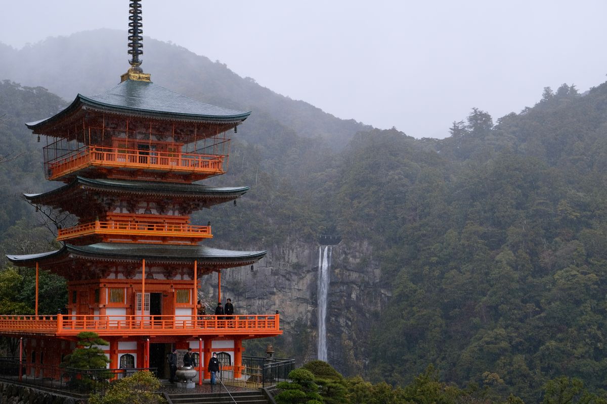 The pagoda of Seiganto-ji with Nachi Falls behind it, Kumano
