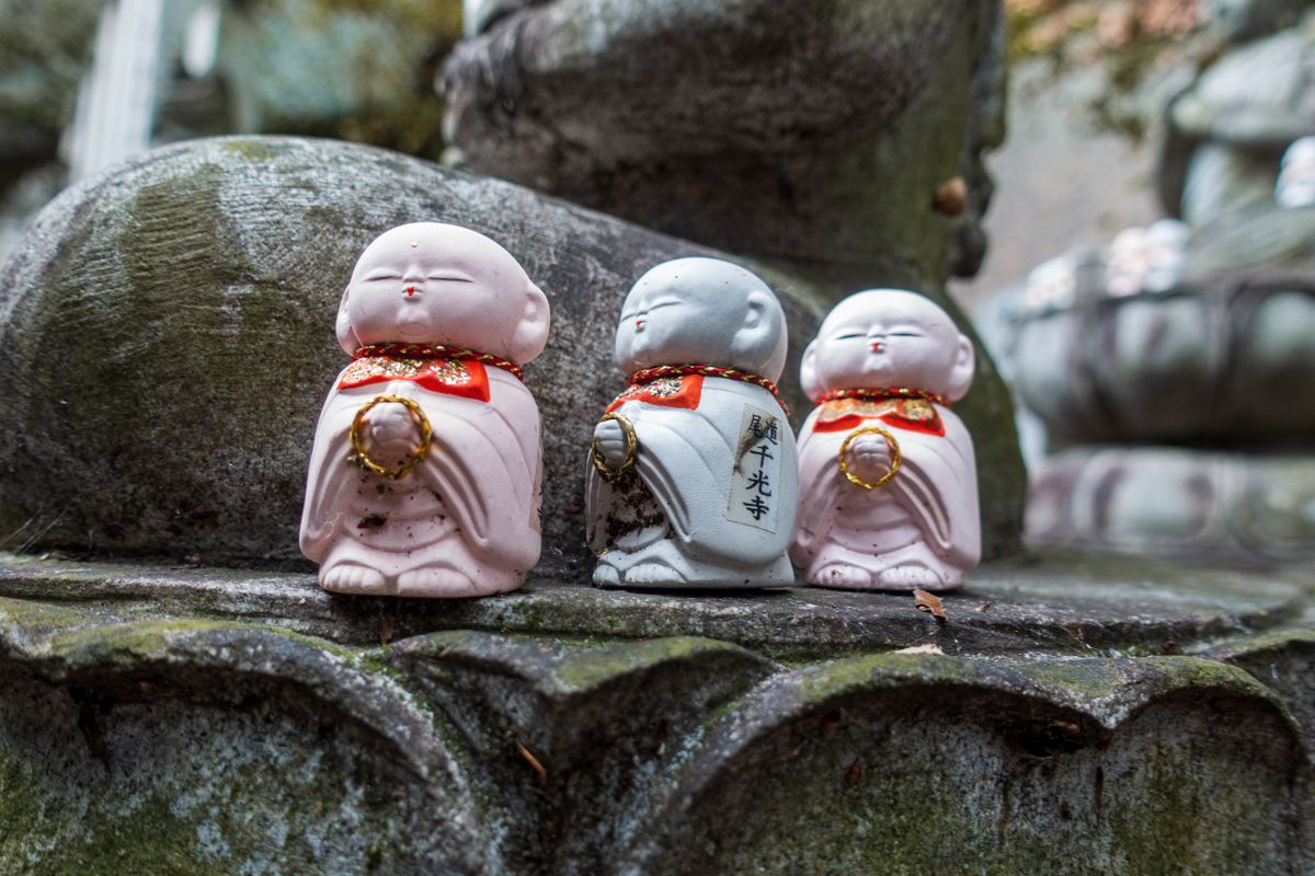 Small painted Jizo figurines at Senkoji Temple in Onomichi