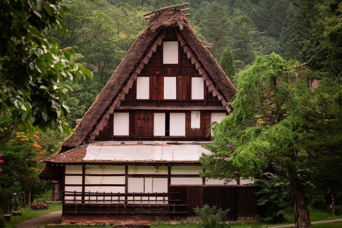 A thatched gassho-zukuri farmhouse of the Hida region