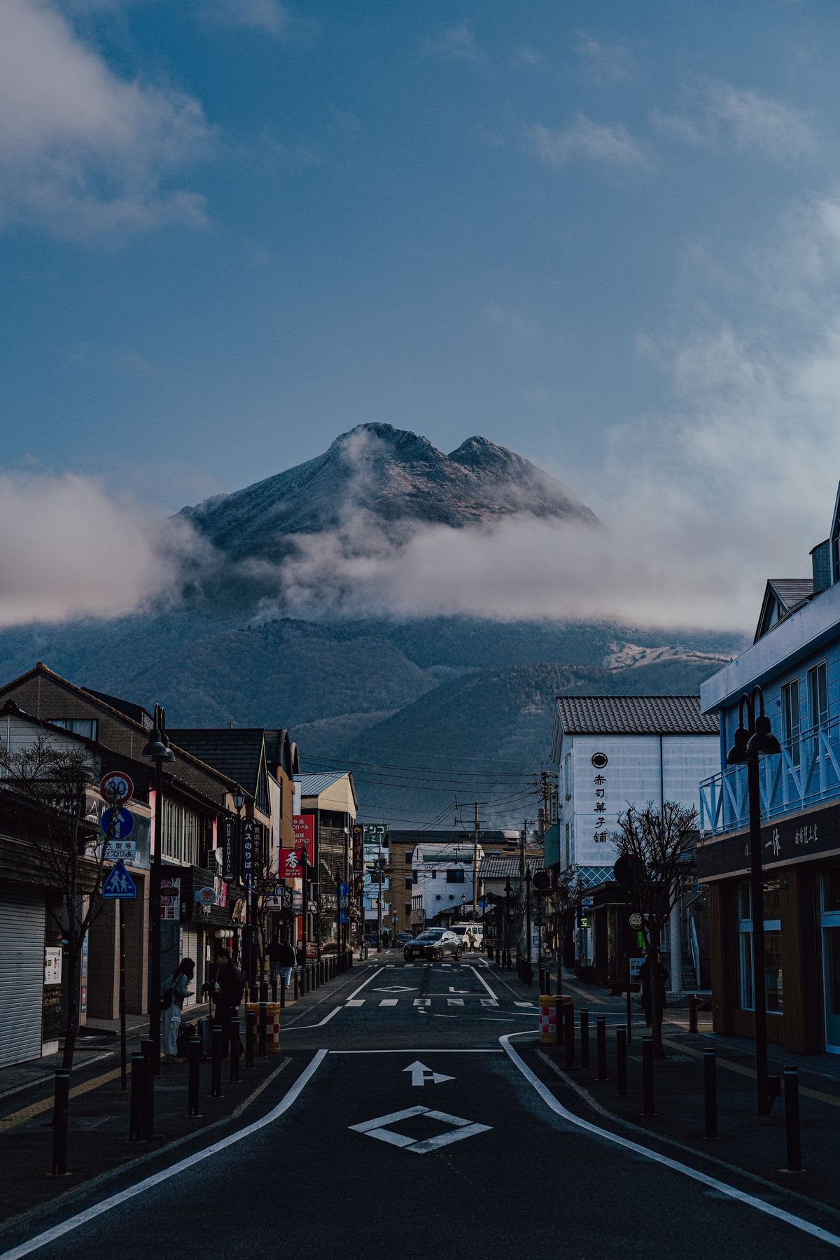 Mt. Yufu seen from the streets of Yufuin at dawn